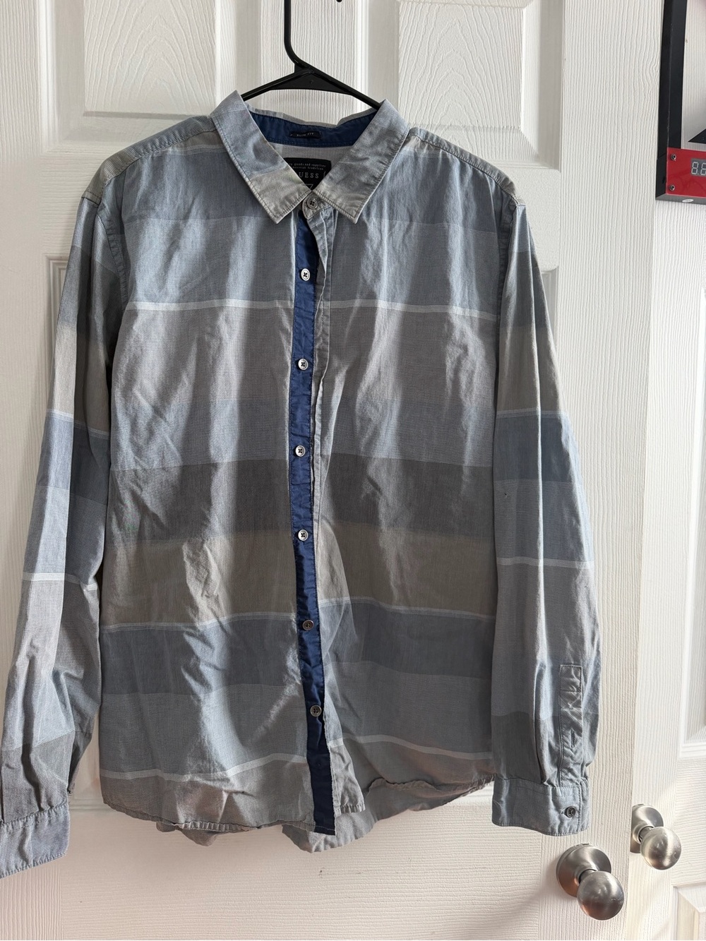 Guess Men's Gray and Blue Striped Button-Down Shirt